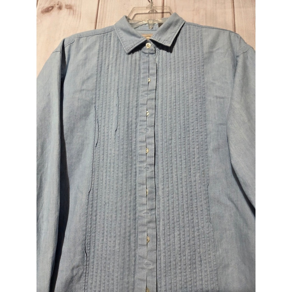 G.H. Bass Women Blue Chambray Pintuck Button Down Shirt Large Cotton Long Sleeve - Picture 3 of 7